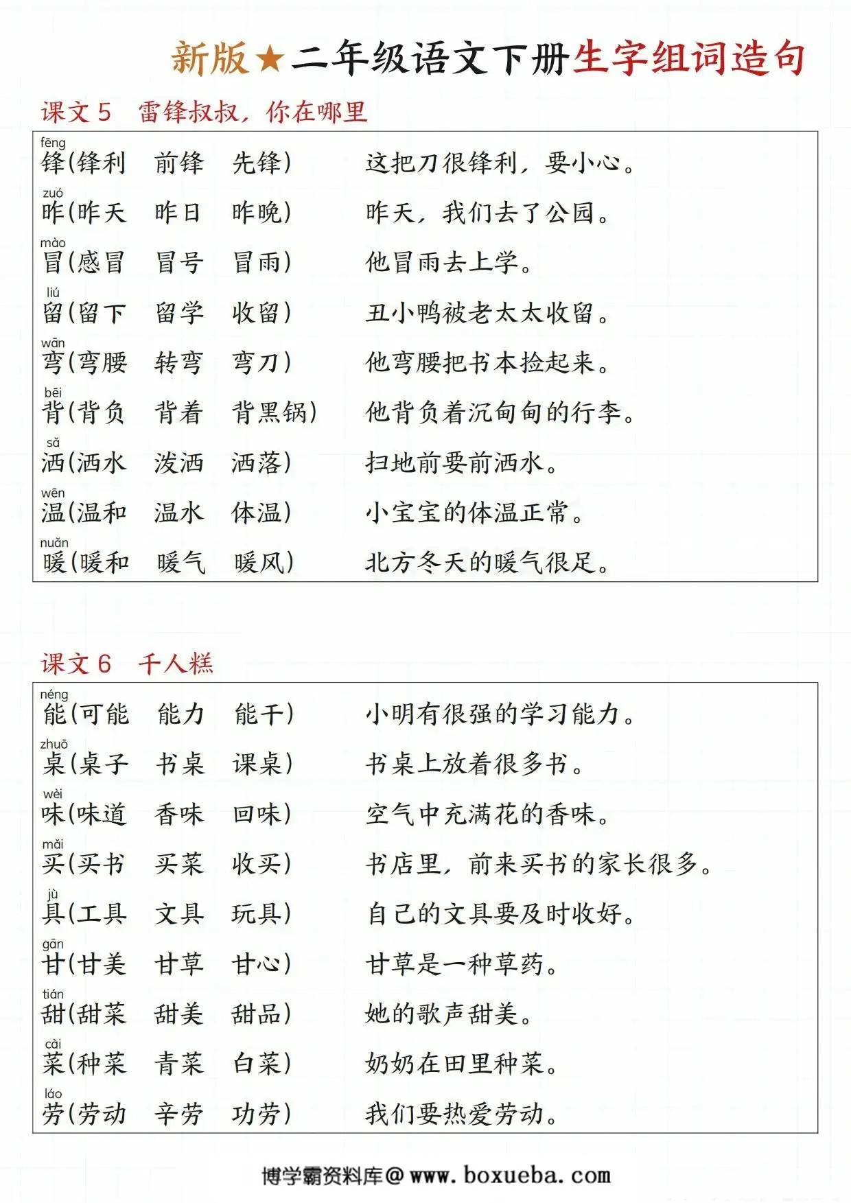图片[3]-二人年纪语文下册一类字生字组词造句，15页PDF可打印-淘学学资料库