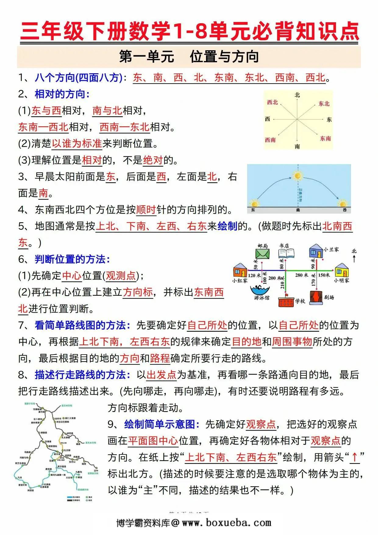 人教版三年级下册数学1-8单元必背知识点，13页PDF可打印-博学霸资料网