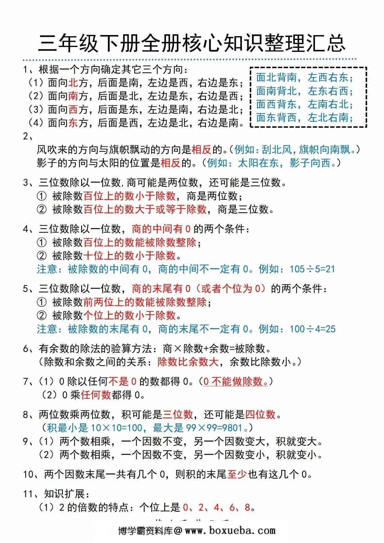 人教版三年级下册数学全册核心知识整理汇总，5页PDF可打印-博学霸资料网
