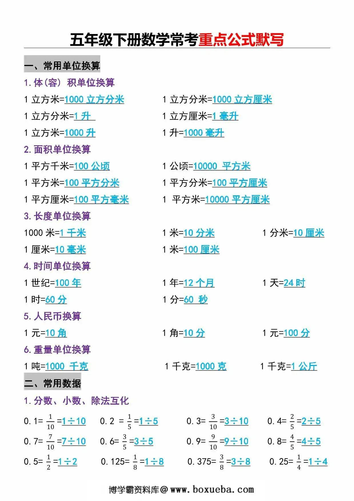 图片[3]-五年级下册数学常考重点公式默写，12页PDF可打印-淘学学资料库