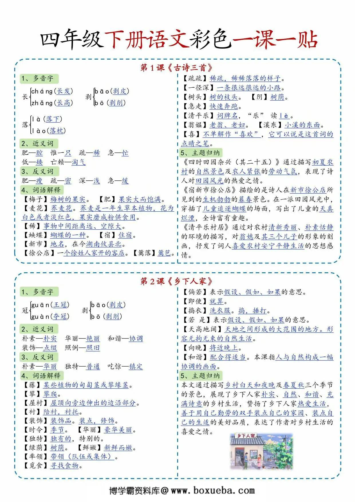 四年级下册语文彩色一课一贴，14页PDF可打印-博学霸资料网