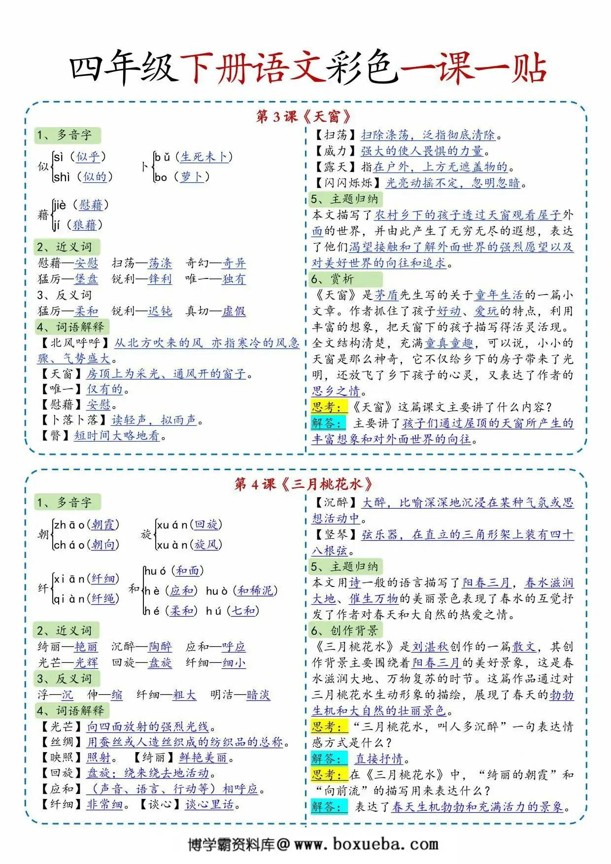 图片[2]-四年级下册语文彩色一课一贴，14页PDF可打印-淘学学资料库