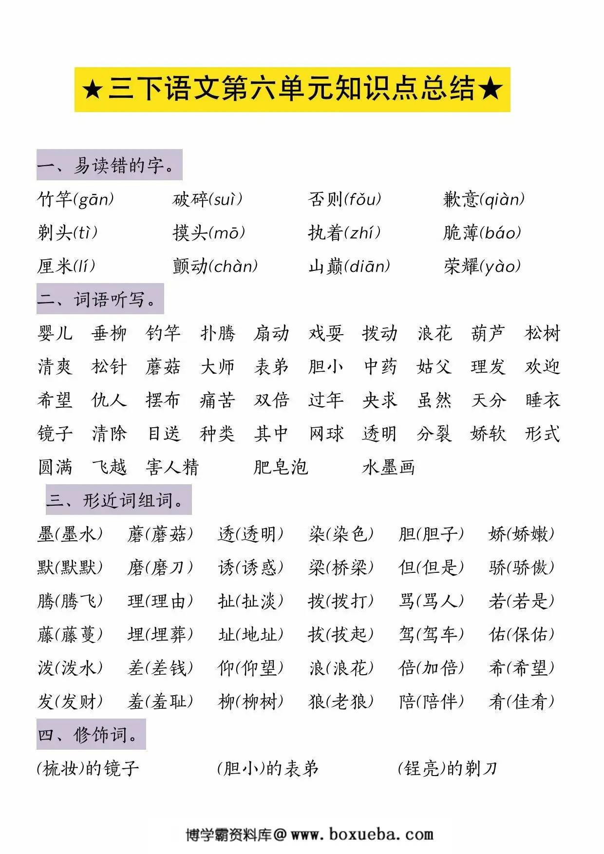 三年级下册语文第六单元知识点总结，5页PDF电子版-博学霸资料网