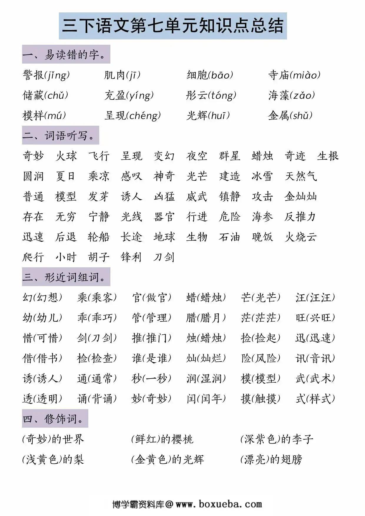 三年级下册语文第七单元知识点总结，5页PDF电子版-博学霸资料网