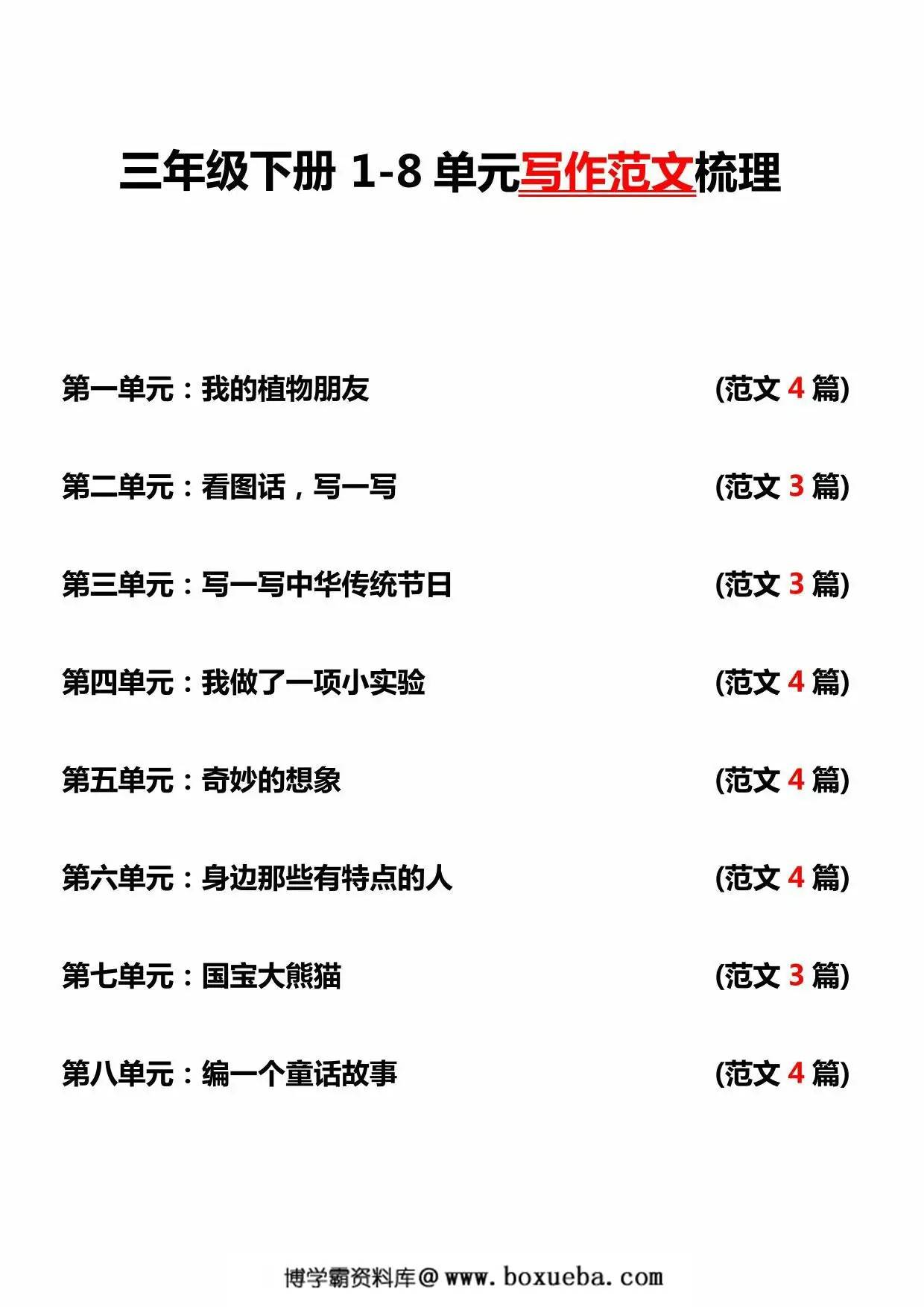 三年级下册语文1-8单元写作范文梳理，29页PDF可打印-博学霸资料网