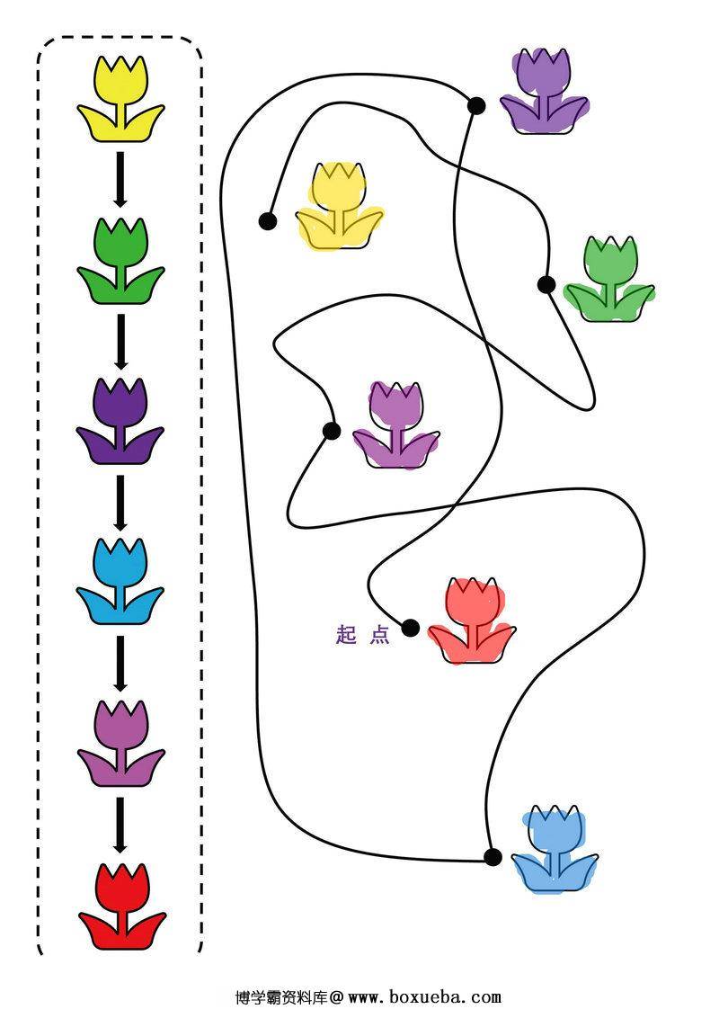 按照连线顺序给图画填上颜色，训练宝宝专注力，素材可打印-博学霸资料网