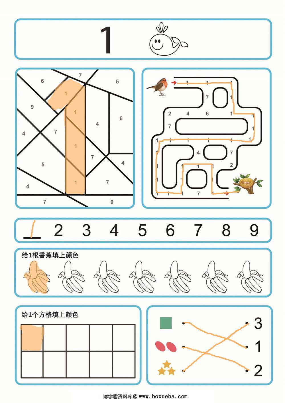 学习数字1-9，数感综合训练，9页PDF可打印-博学霸资料网