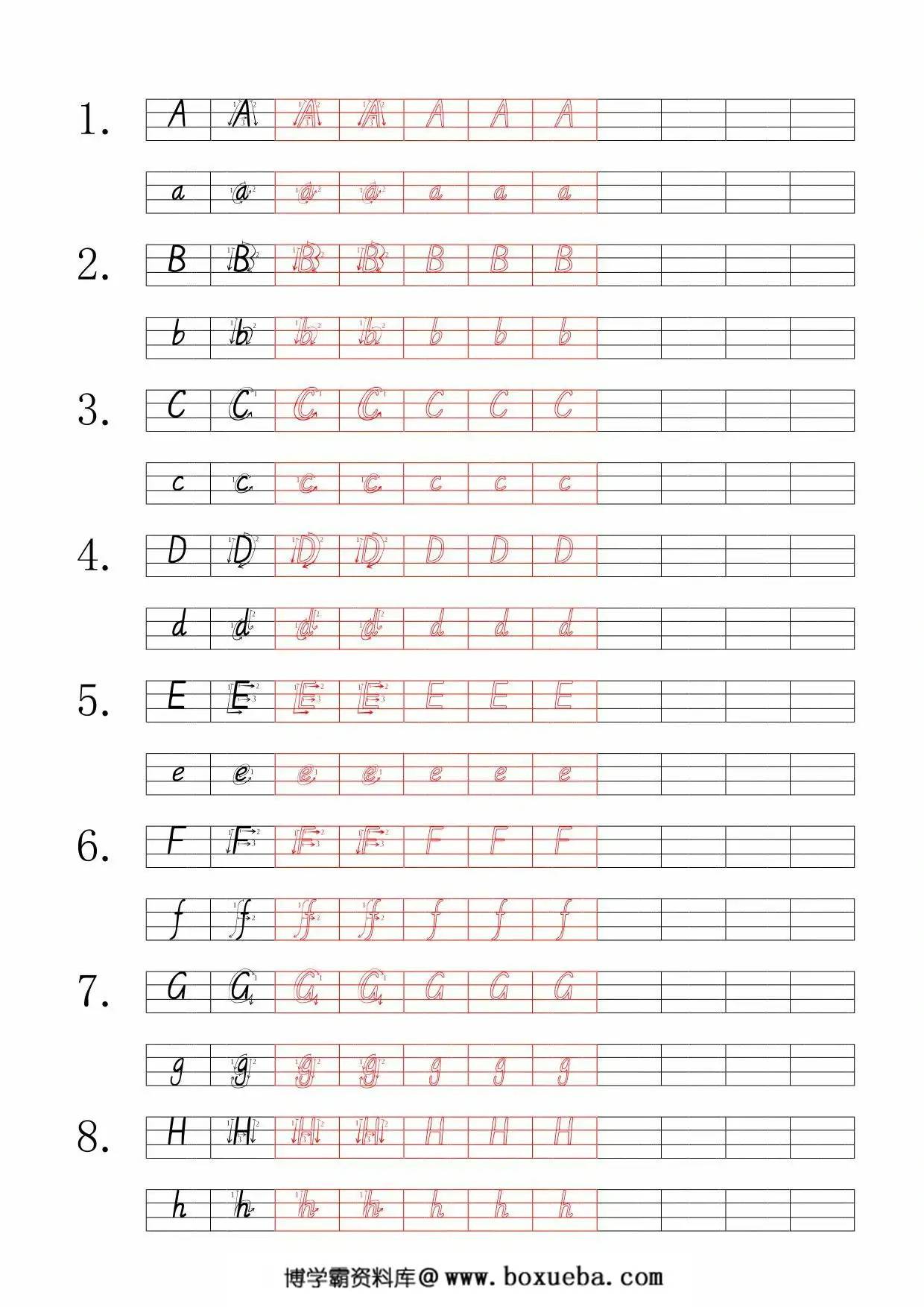 小学英语英文字母四线三格标准手写字体描习字帖，4页PDF电子版-博学霸资料网