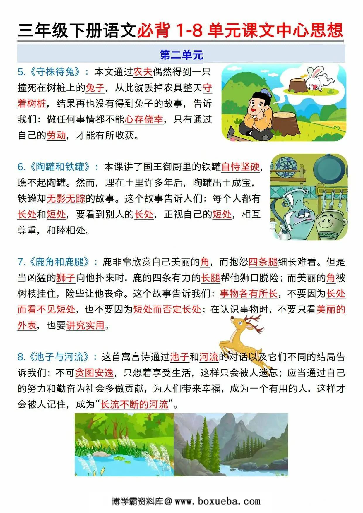 图片[2]-三年级下册语文必背1-8单元课文中心思想，8页PDF可打印-淘学学资料库