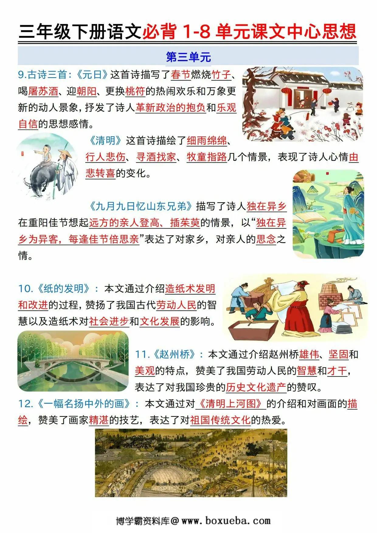 图片[3]-三年级下册语文必背1-8单元课文中心思想，8页PDF可打印-淘学学资料库