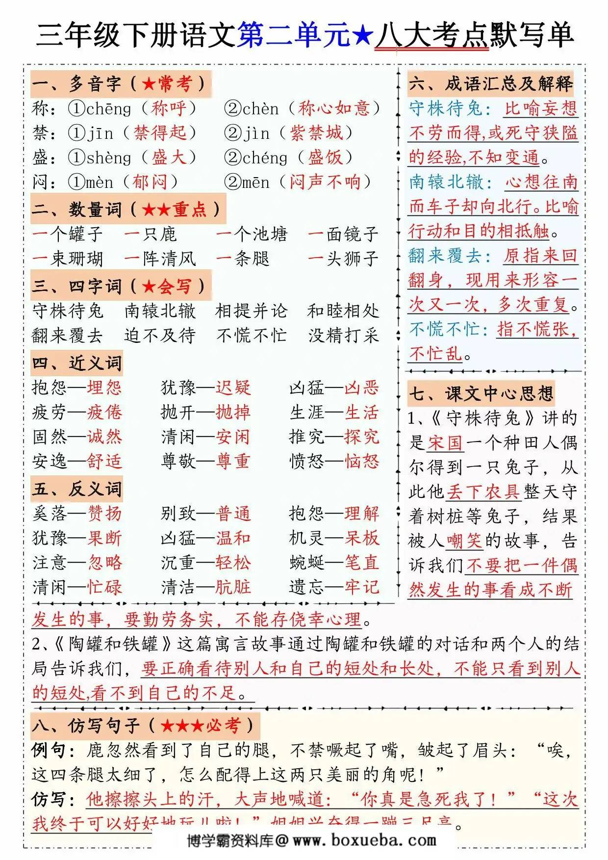 图片[2]-三年级下册语文1-8单元八大考点默写单，16页PDF可打印-淘学学资料库