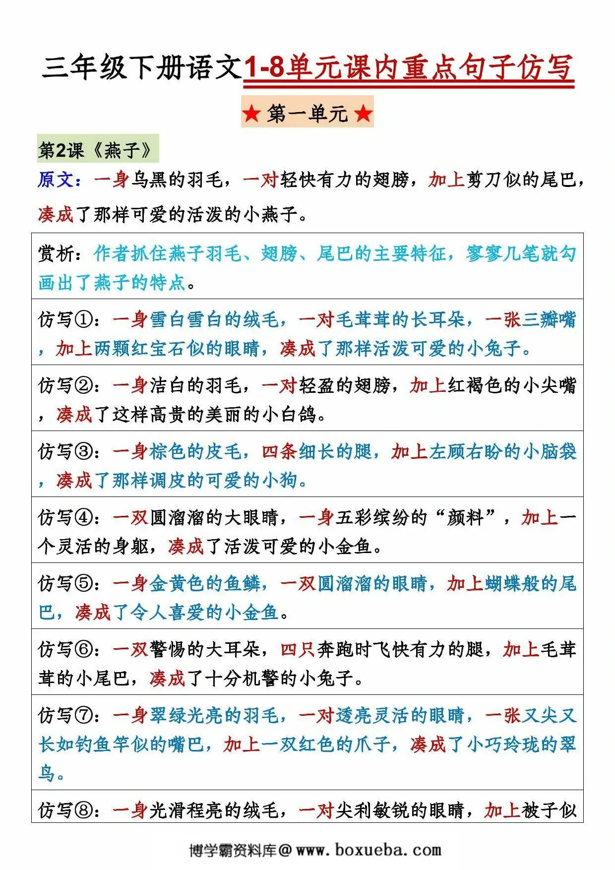 三年级下册语文1-8单元课内重点句子仿写，8页PDF可打印-博学霸资料网