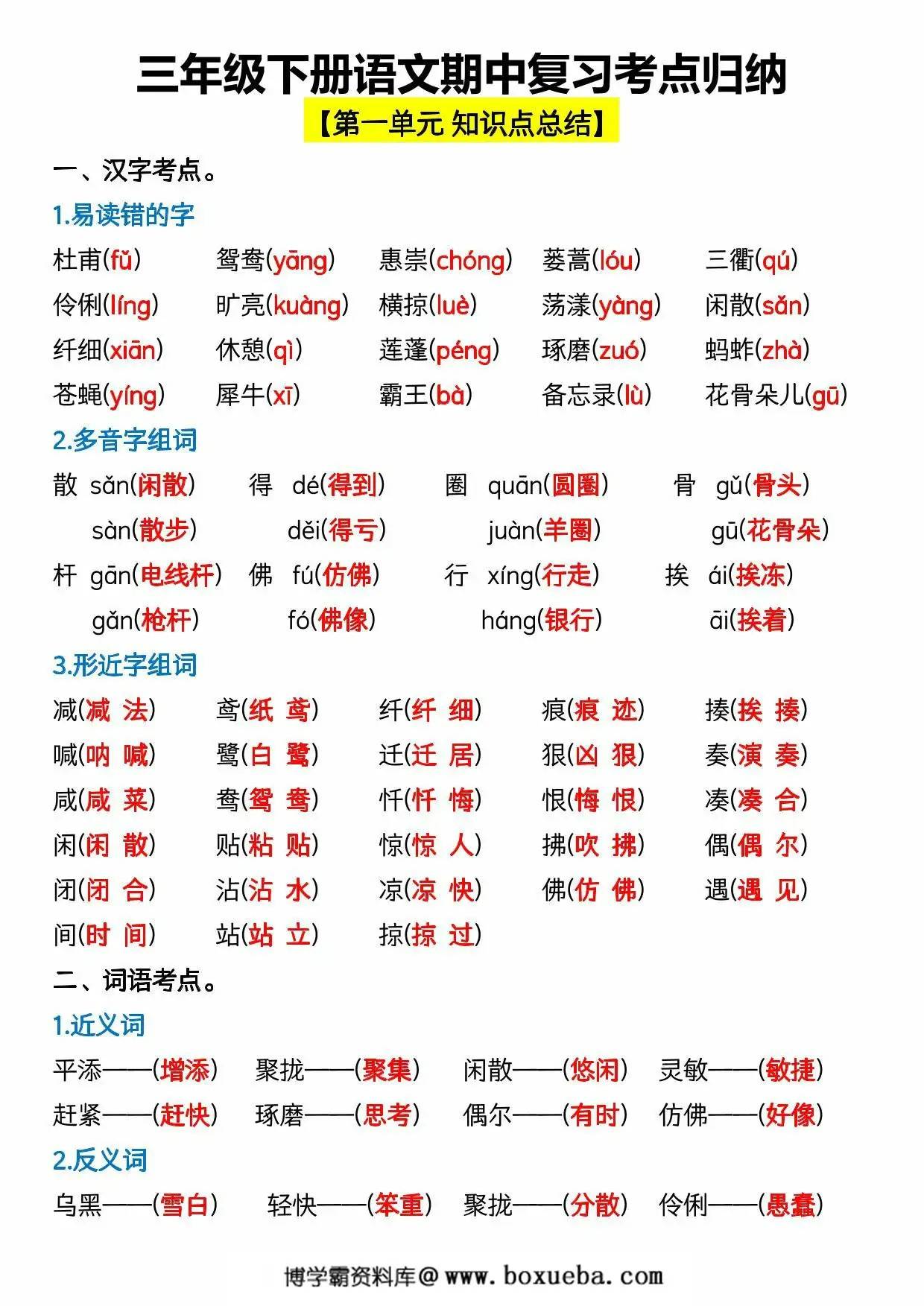 三年级下册语文期中复习考点归纳，17页PDF电子版-博学霸资料网