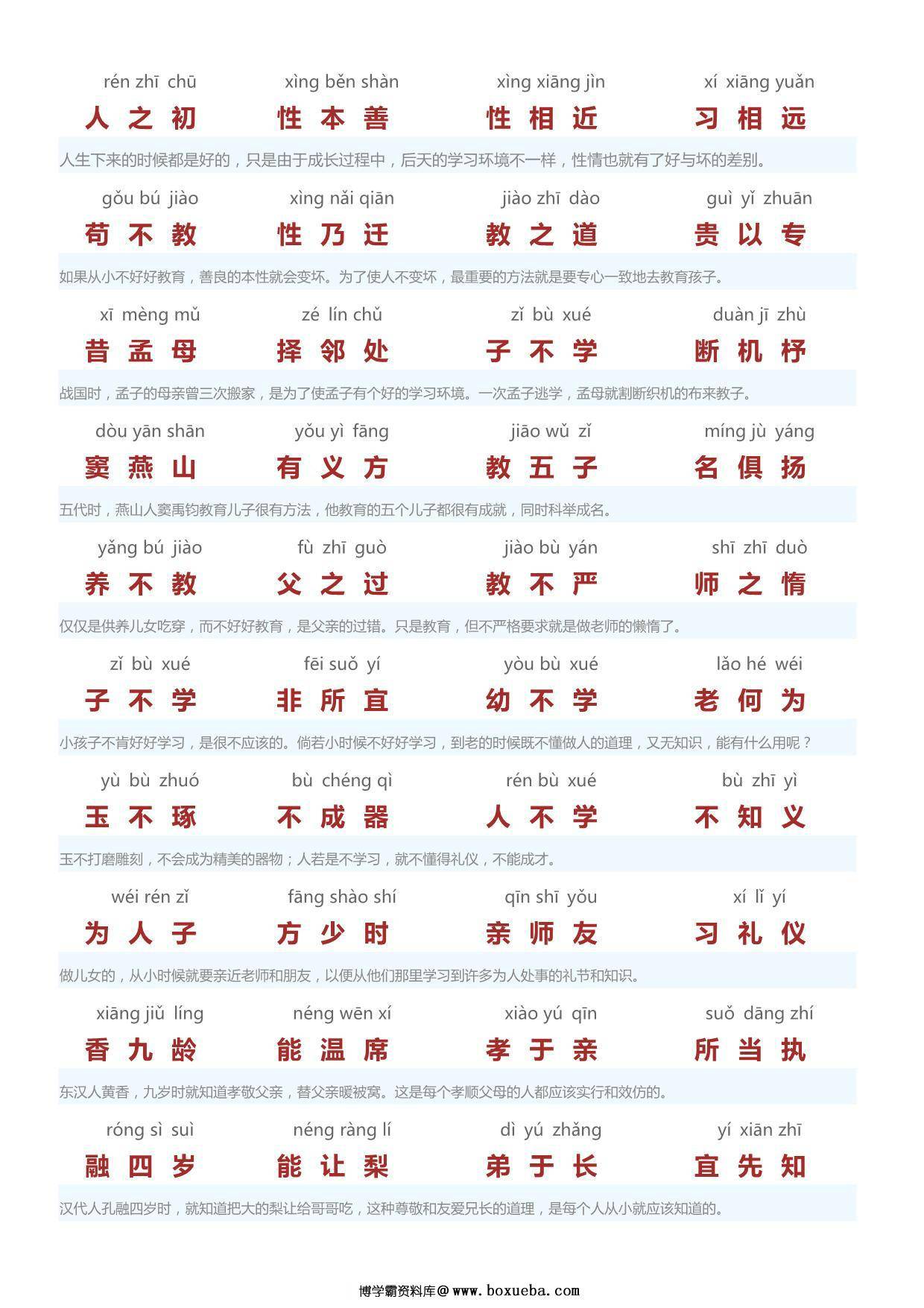 三字经（带拼音注释），13页PDF电子版可打印-博学霸资料网