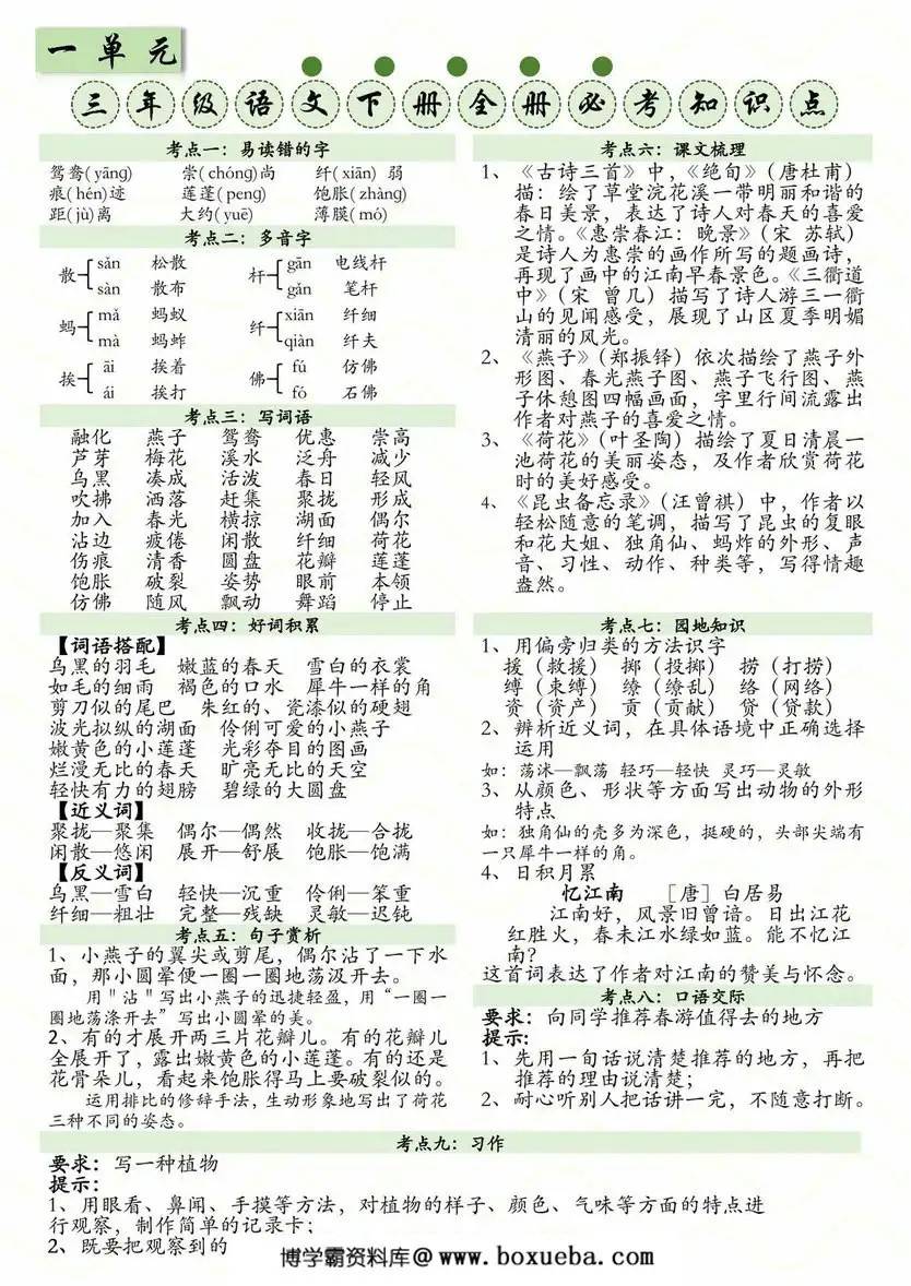 三下语文1-8单元全册必考知识点，8页PDF电子版-博学霸资料网