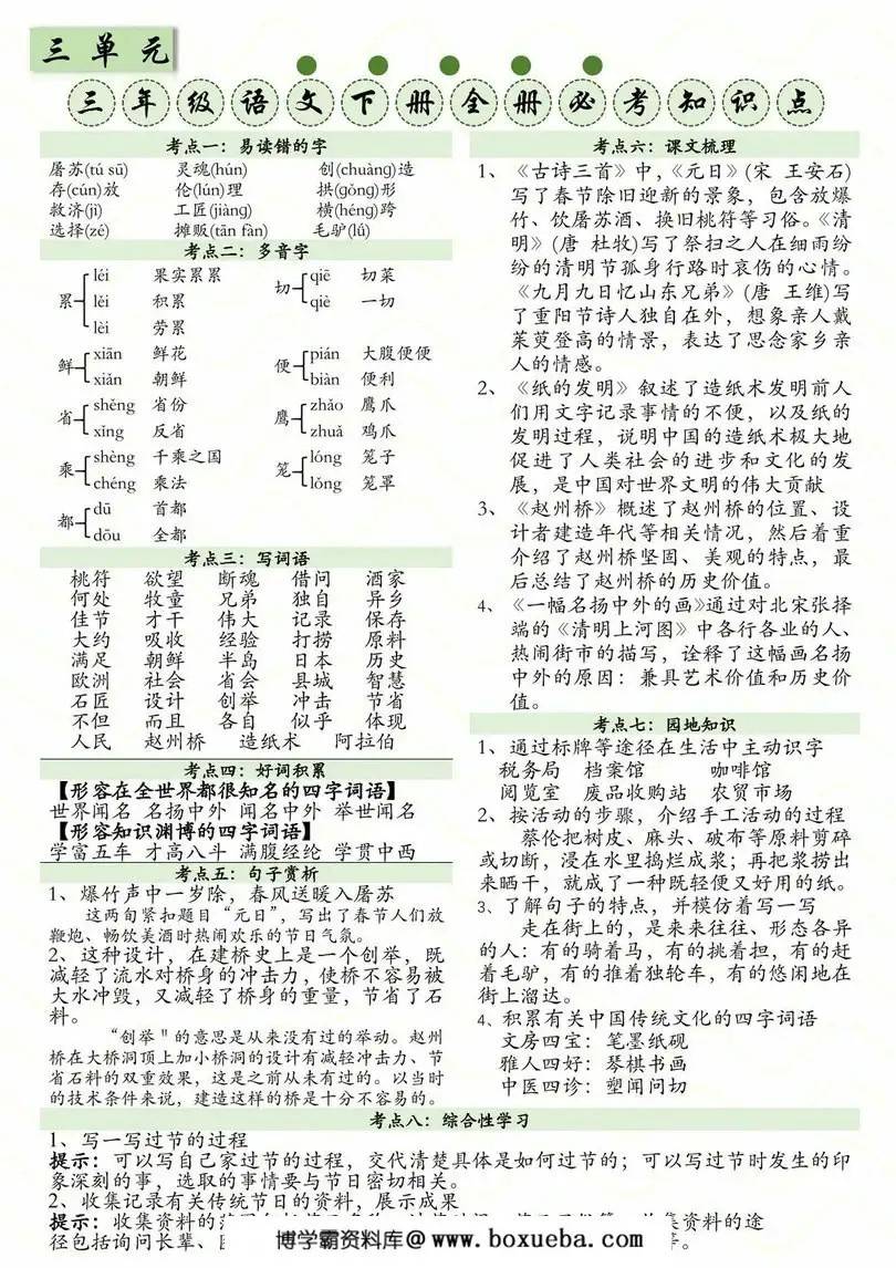 图片[2]-三下语文1-8单元全册必考知识点，8页PDF电子版-淘学学资料库
