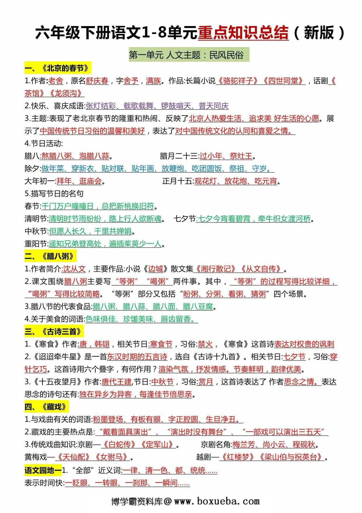 六年级下册语文1-8单元重点知识点总结，6页PDF电子版-博学霸资料网