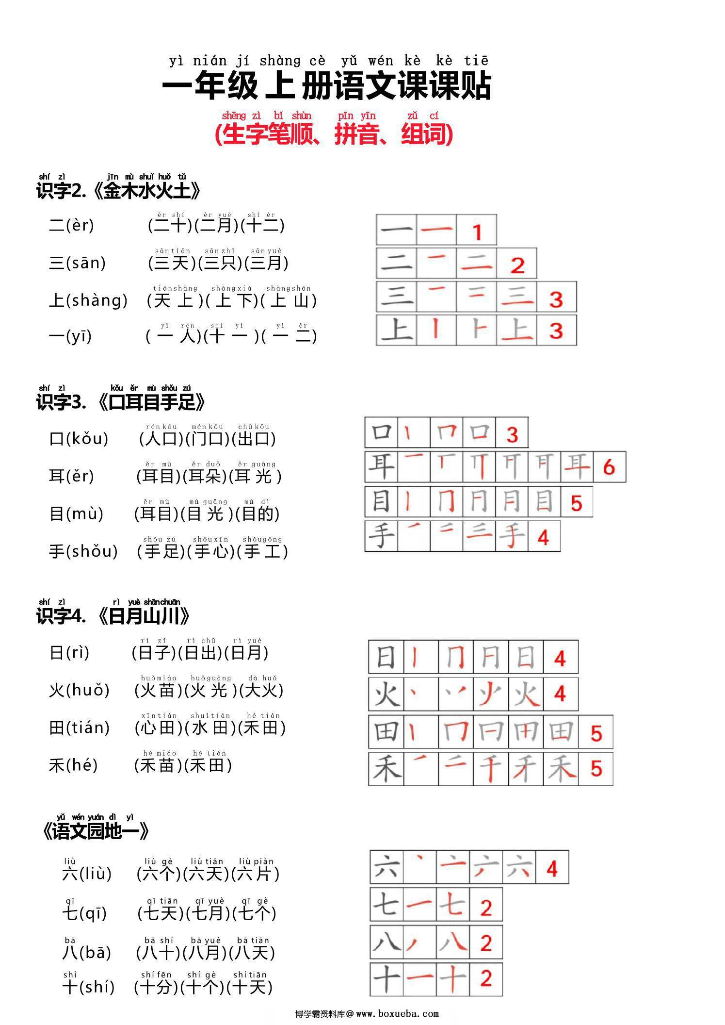 一年级上册语文生字贴（生字笔顺、拼音、组词），5页PDF可打印-博学霸资料网