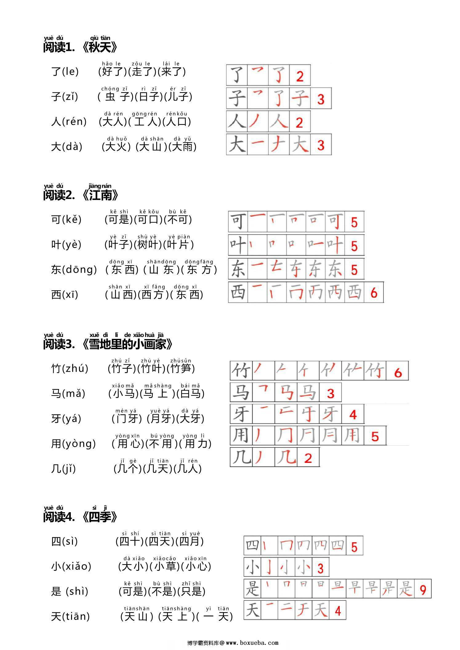 图片[2]-一年级上册语文生字贴（生字笔顺、拼音、组词），5页PDF可打印-淘学学资料库