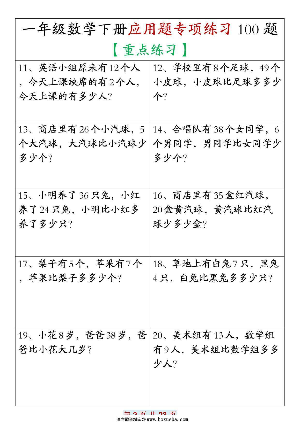图片[2]-一年级数学下册应用题专项练习100题，23页PDF电子版-淘学学资料库