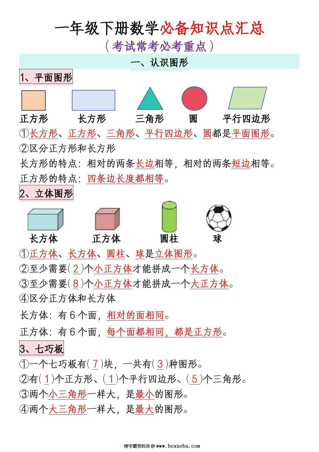 一年级下册数学全册必备知识点汇总，考试常考必考重点，8页PDF电子版-博学霸资料网