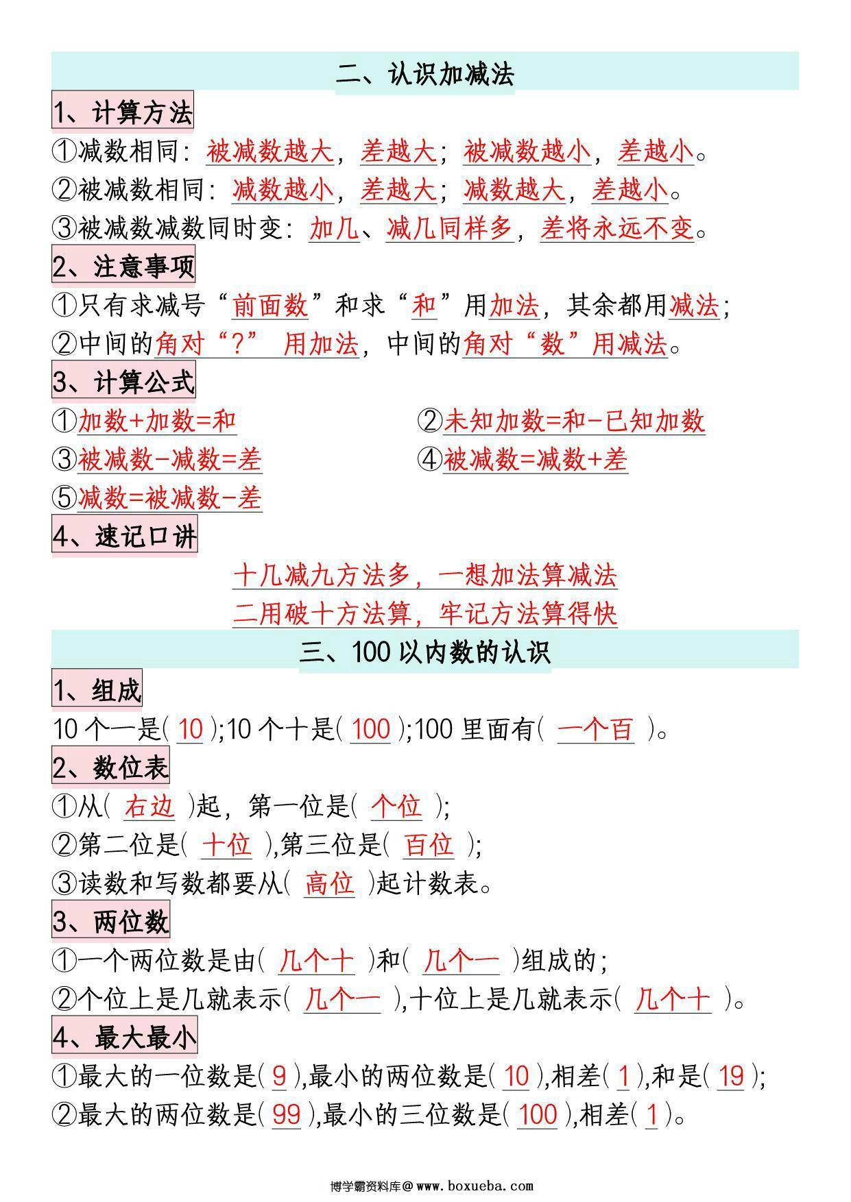 图片[2]-一年级下册数学全册必备知识点汇总，考试常考必考重点，8页PDF电子版-淘学学资料库
