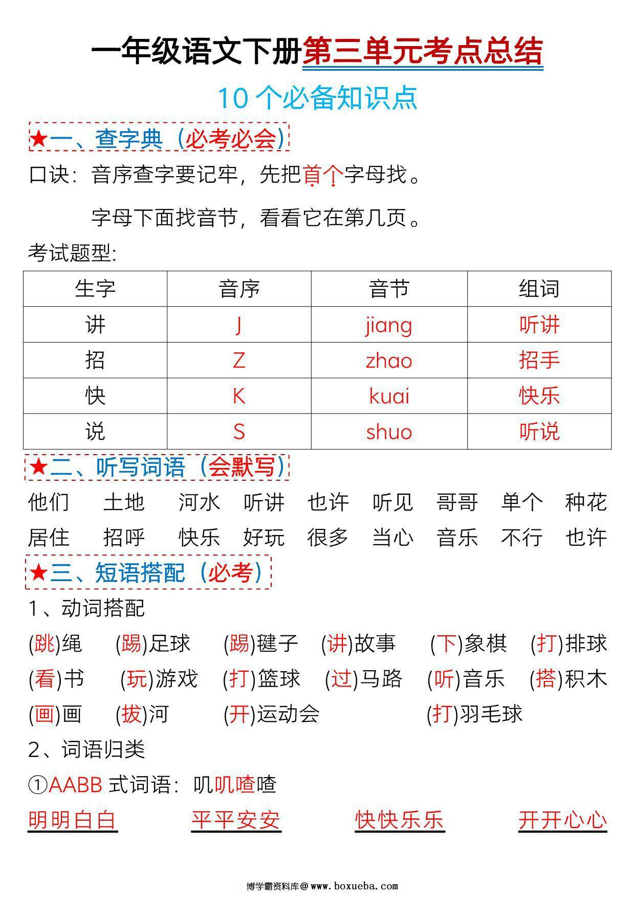 一年级语文下册第三单元考点总结及练习-10个必备知识点（版二），7页PDF电子版-博学霸资料网