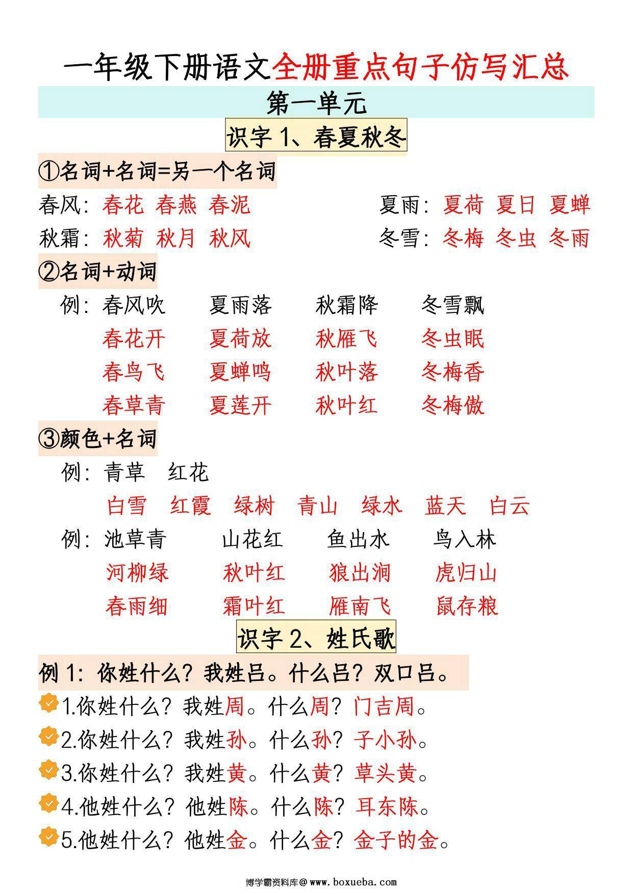 一年级下册语文1-8单元全册重点句子仿写汇总，16页PDF可打印-博学霸资料网