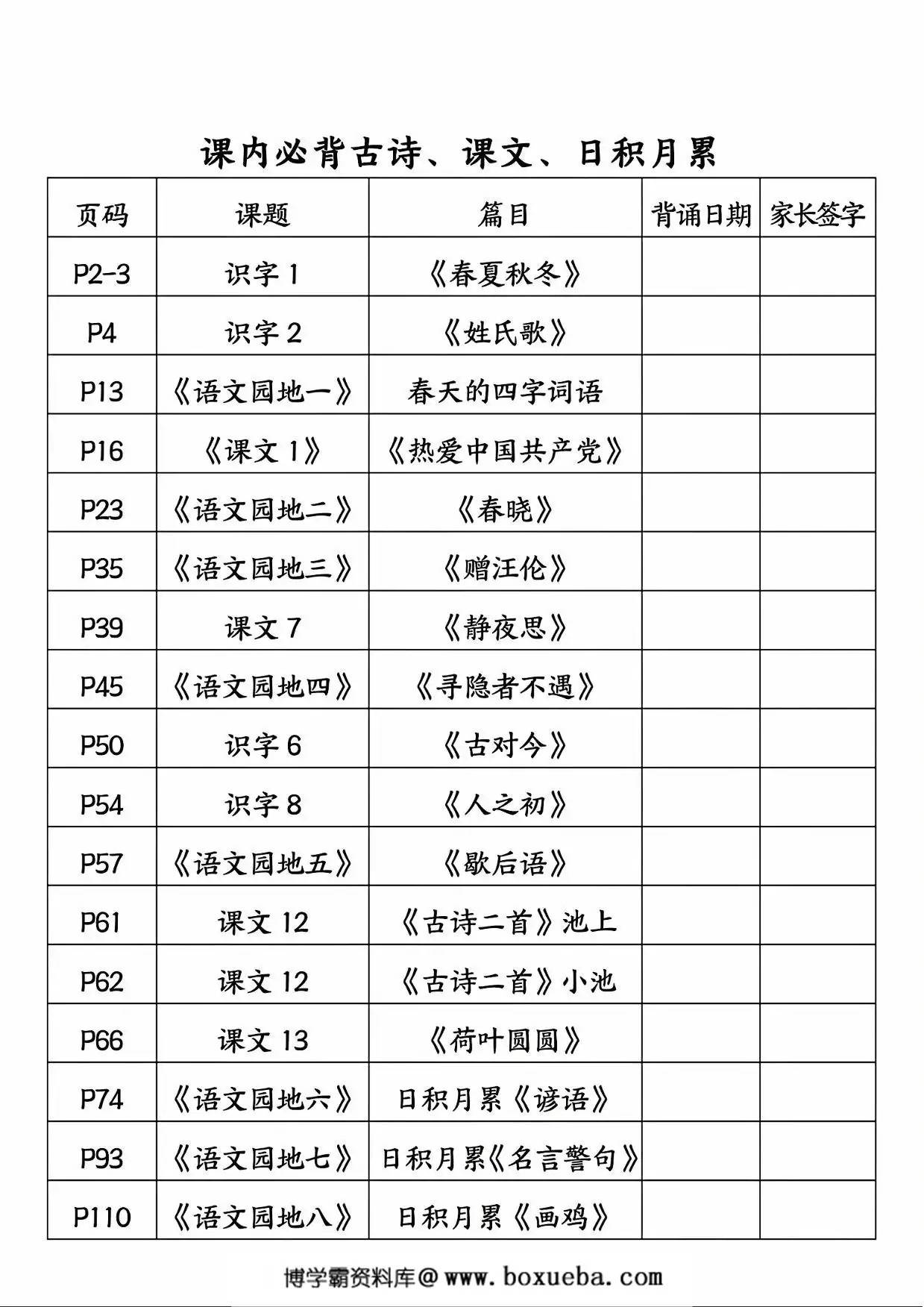 一年级下册语文必背闯关表(古诗、课文、日积月累)，6页PDF电子版-博学霸资料网