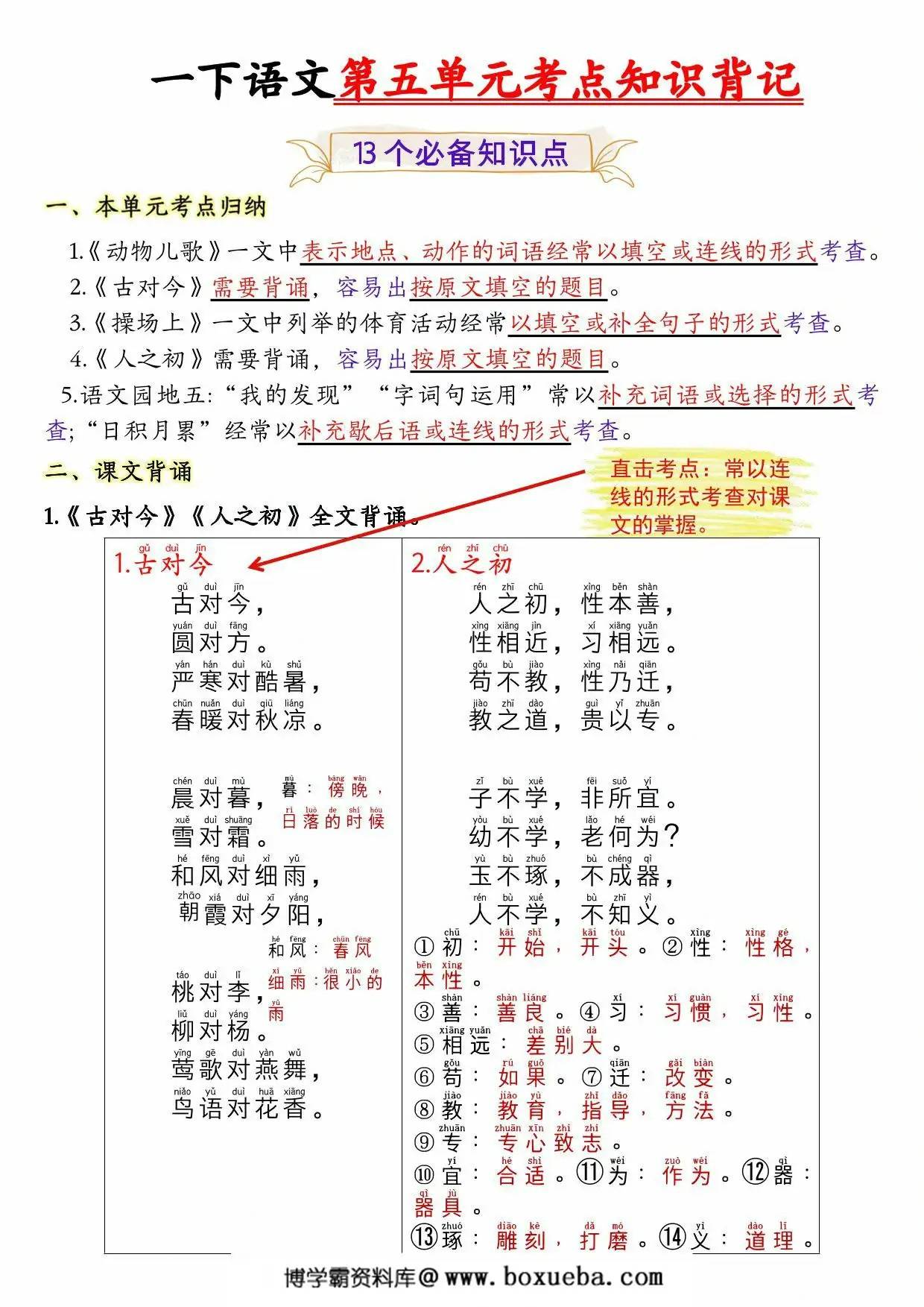 一年级下册语文第五单元考点知识背记-13个必背知识点，4页PDF电子版-博学霸资料网