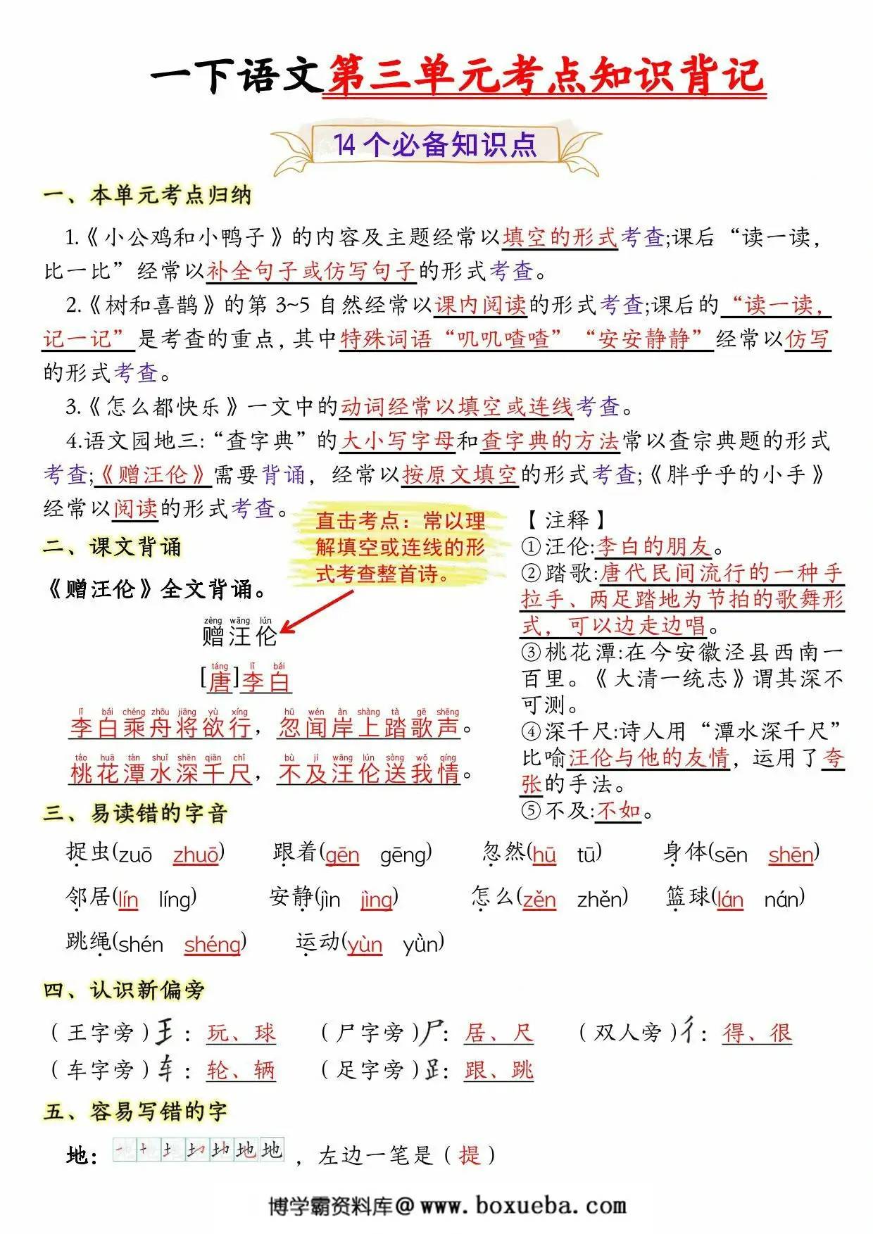 一年级下册语文第三单元考点知识背记-14个必背知识点，4页PDF电子版-博学霸资料网