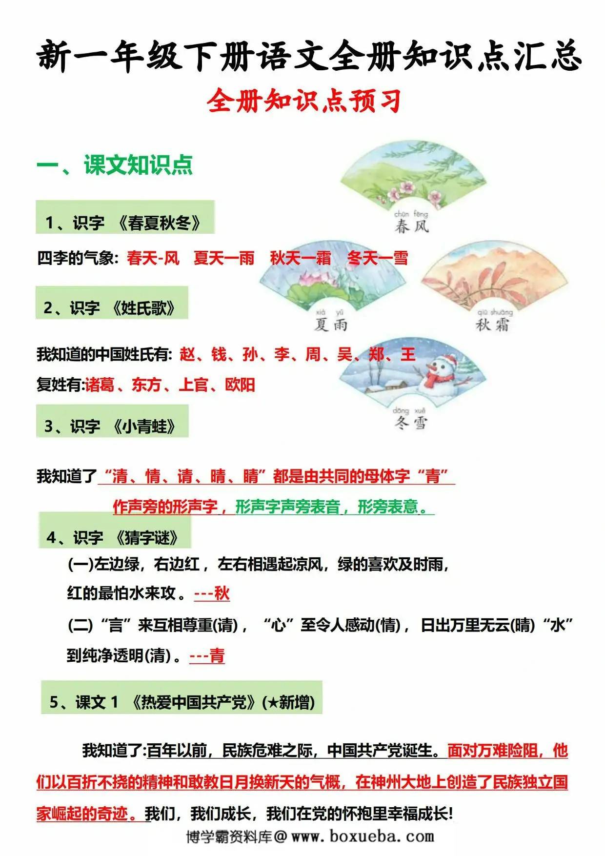一年级语文下册全册知识点总结，6页PDF电子版-博学霸资料网