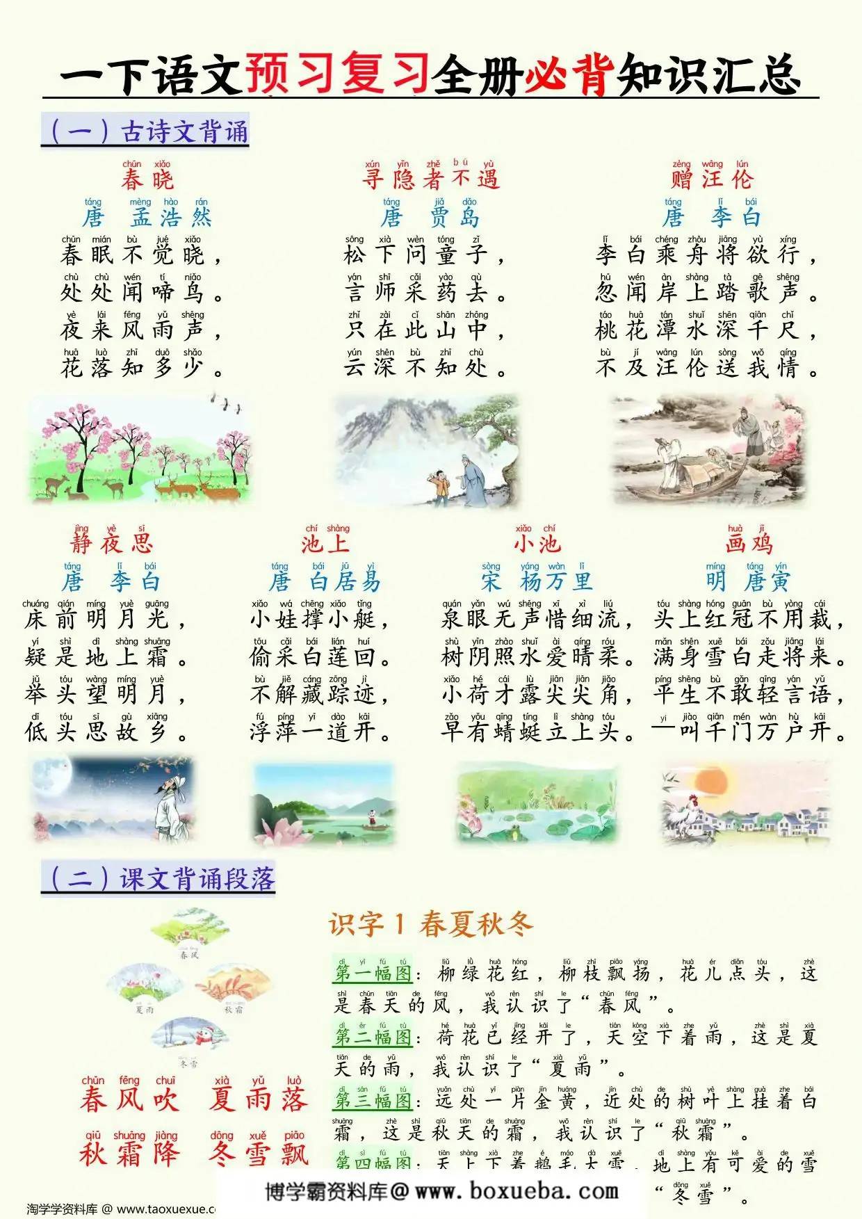 一年级下册语文预习复习全册必背知识汇总，17页PDF可打印-博学霸资料网