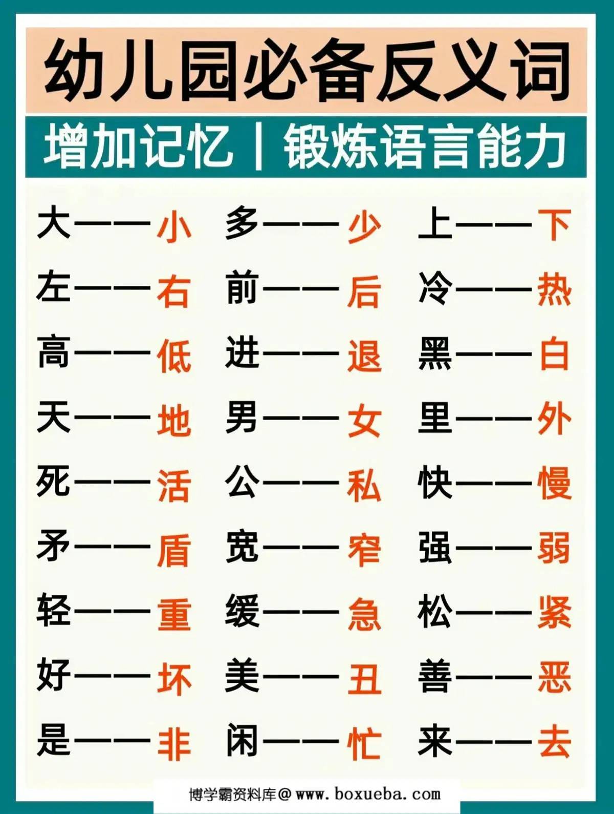 幼儿园必备反义词，9页PDF电子版-博学霸资料网