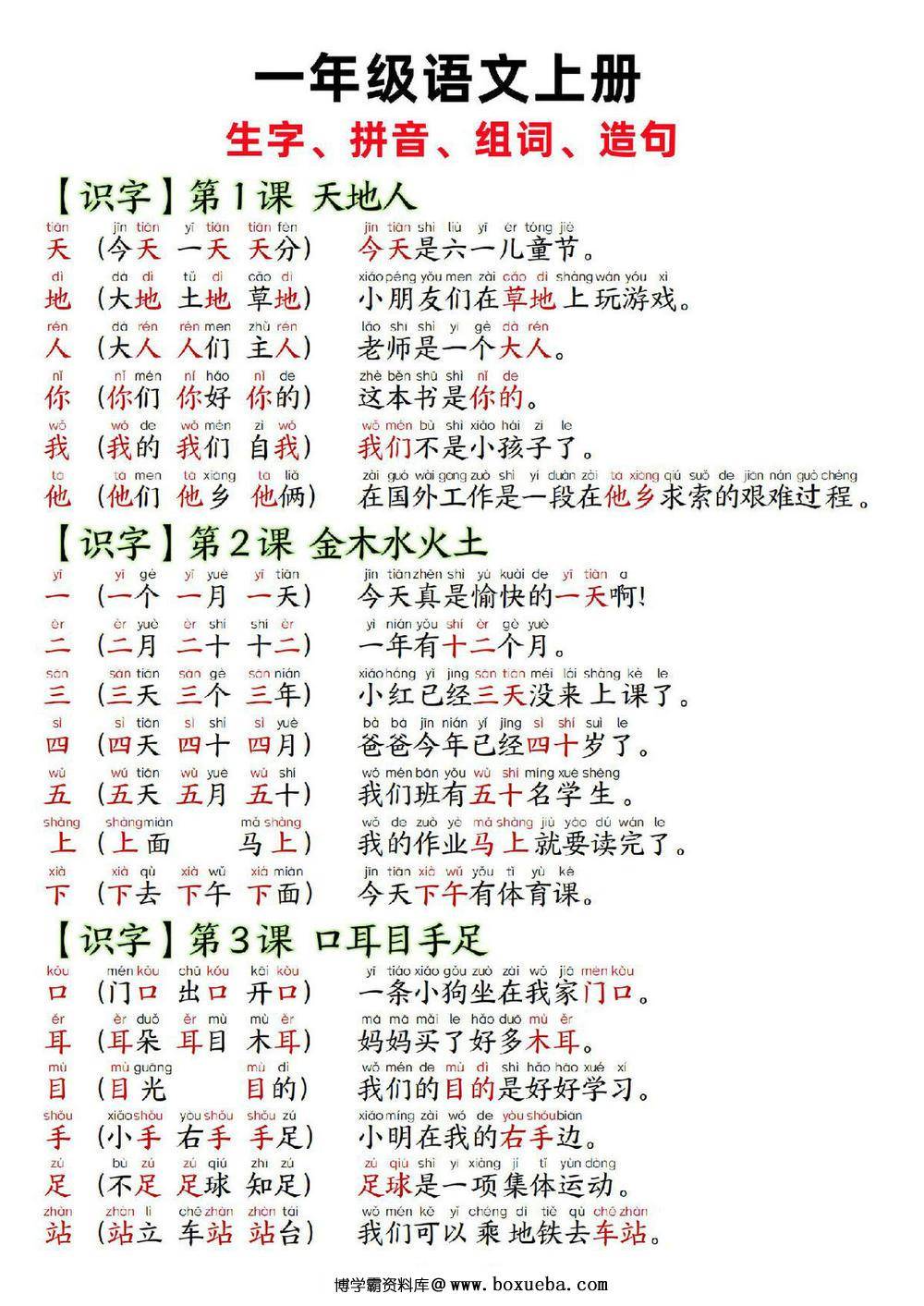 一年级上册语文生字拼音组词造句，14页PDF可打印-博学霸资料网