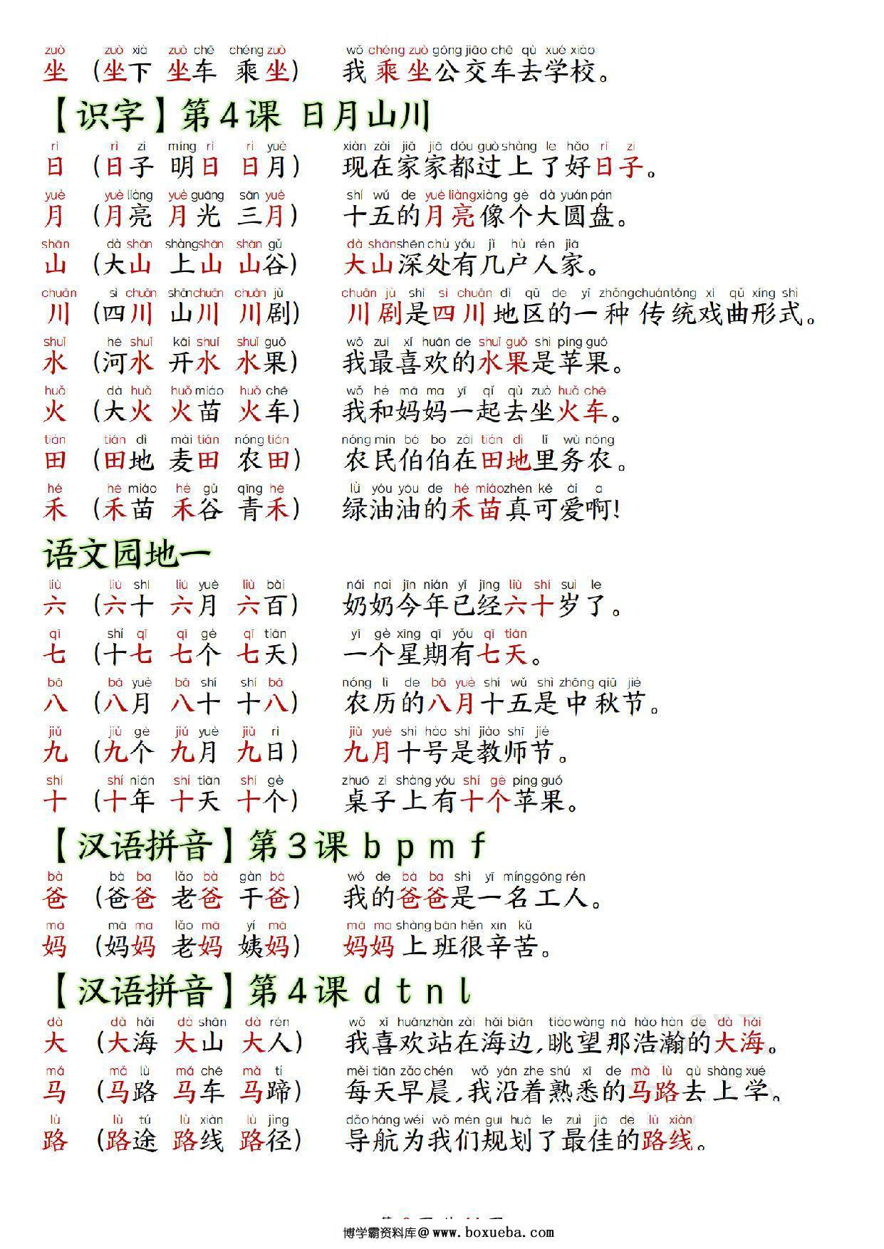 图片[2]-一年级上册语文生字拼音组词造句，14页PDF可打印-淘学学资料库