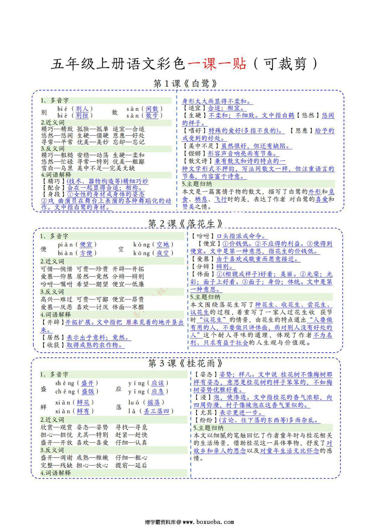 五年级上册语文彩色一课一贴课课贴，4页PDF电子版-博学霸资料网