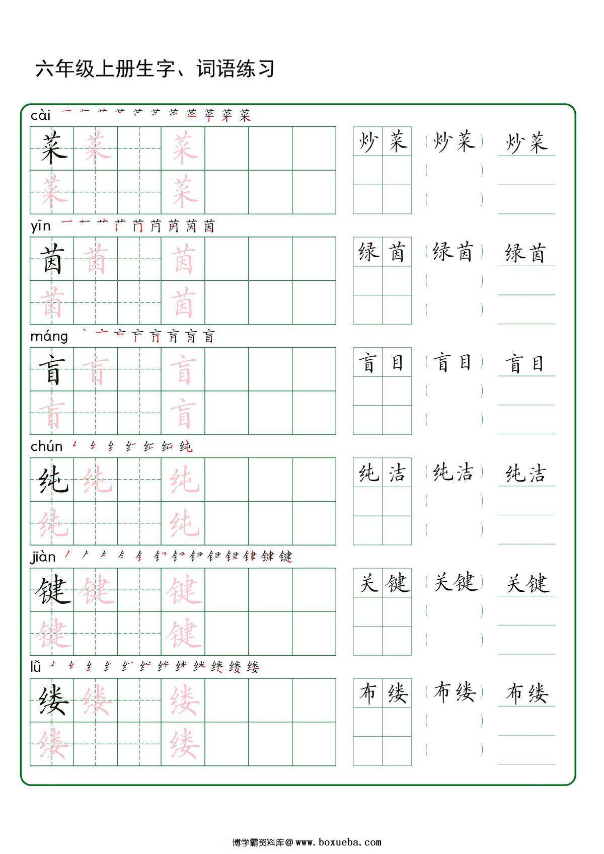 图片[3]-五升六语文暑假预习语文生字+词语练字，30页PDF可打印-淘学学资料库
