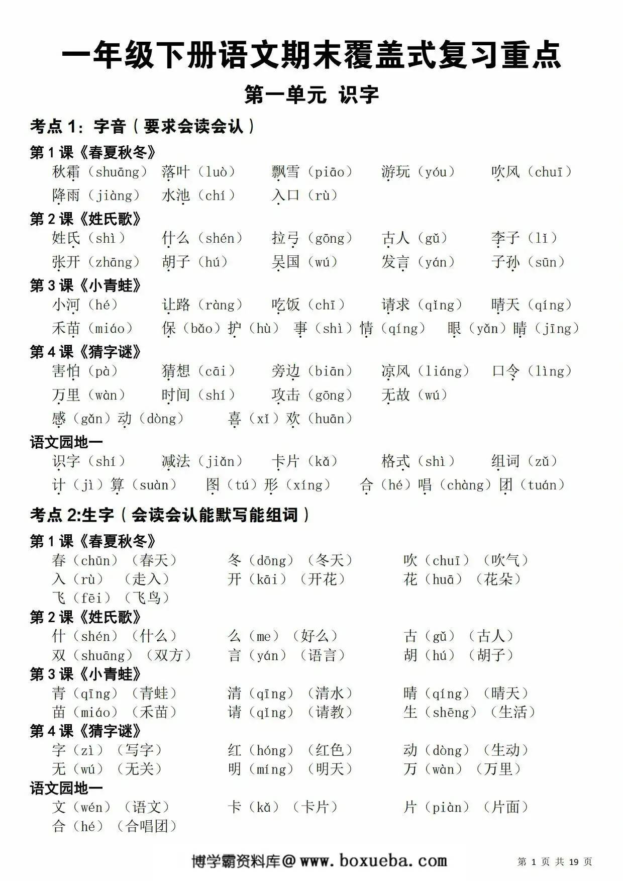 一年级下册语文期末覆盖式复习重点，19页PDF可打印-博学霸资料网