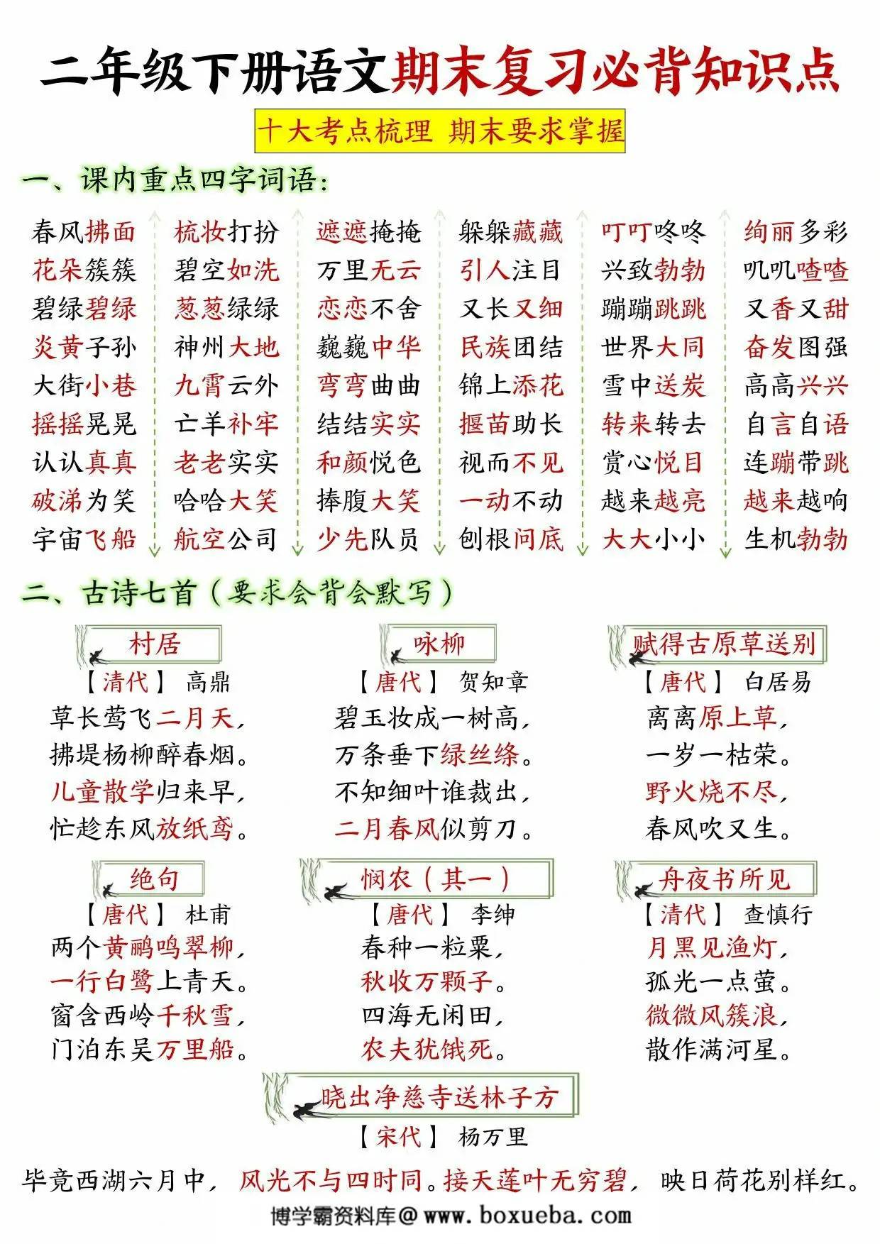 二年级下册语文期末复习必背知识点（十大考点梳理），24页PDF电子版-博学霸资料网