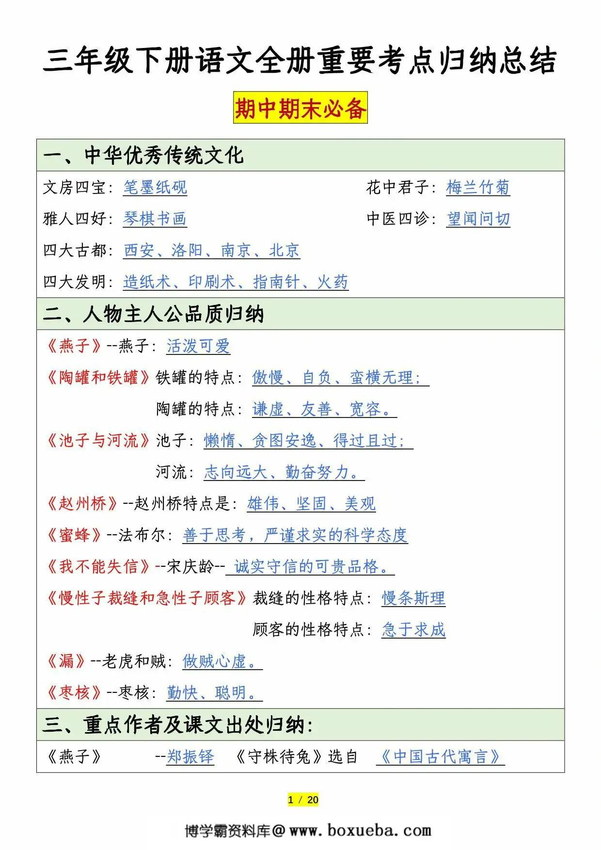 三年级下册语文全册重要考点归纳总结，20页PDF电子版-博学霸资料网